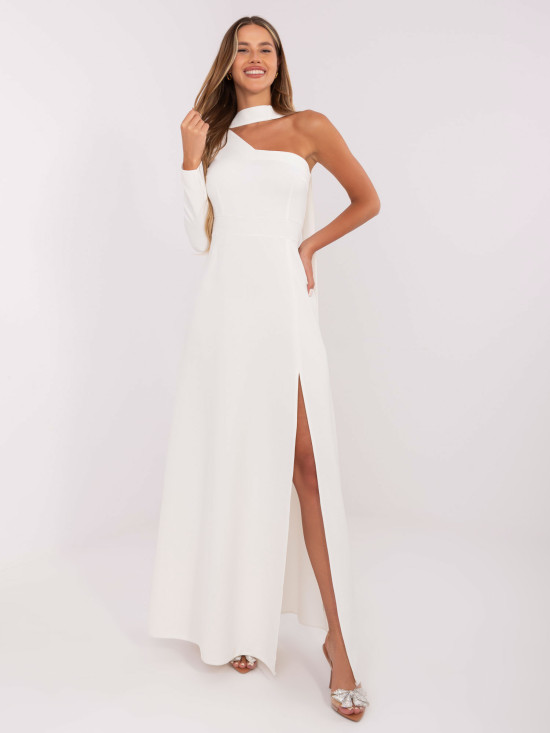 Ecru One-Shoulder Maxi Evening Dress