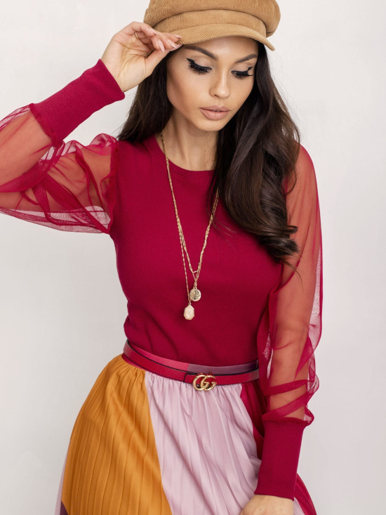 Burgundy Blouse with Mesh Sleeves RUE PARIS
