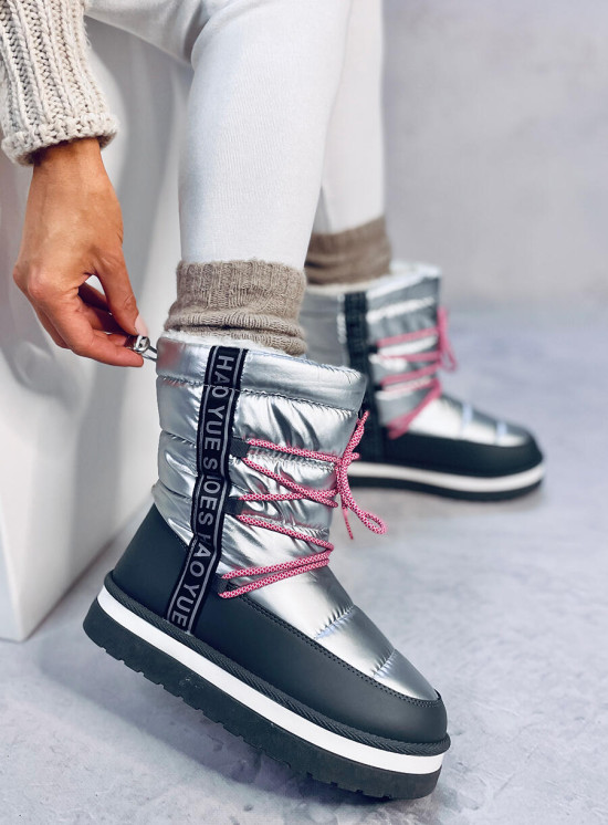 Winter snow boots with laces silver