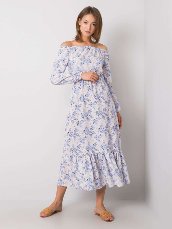 Beige-Blue Maxi Dress with Off-Shoulder Neckline
