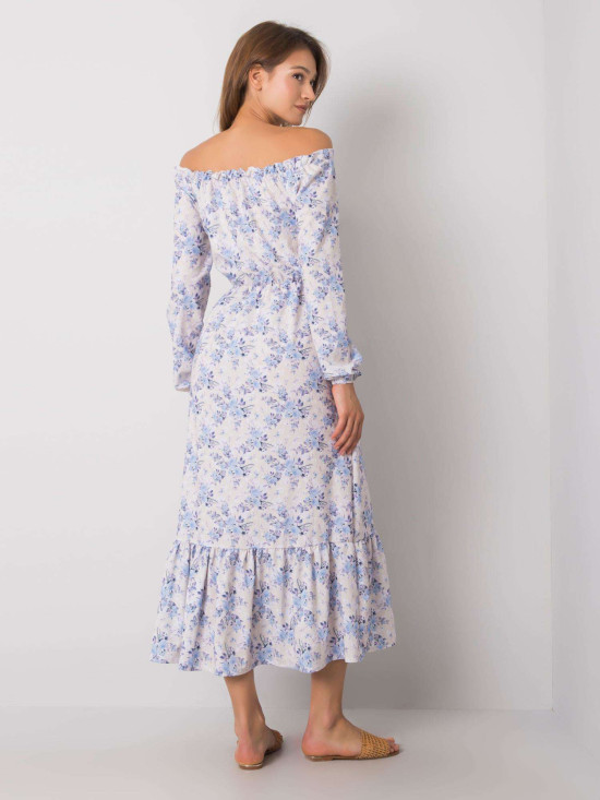 Beige-Blue Maxi Dress with Off-Shoulder Neckline