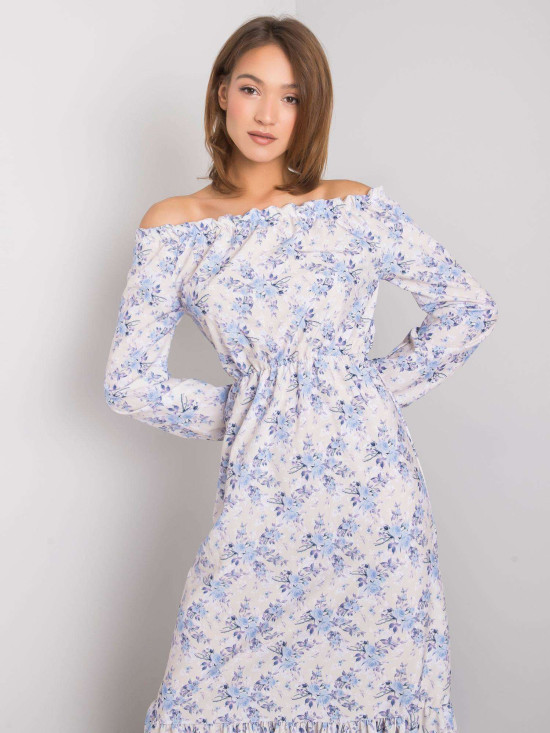 Beige-Blue Maxi Dress with Off-Shoulder Neckline