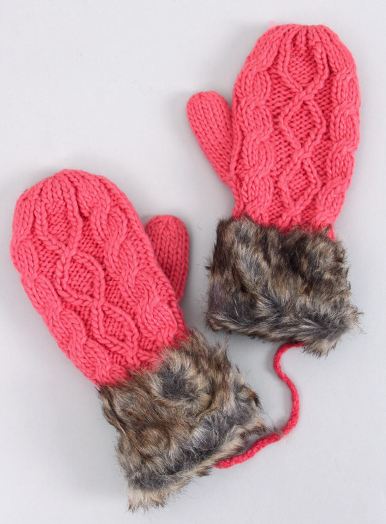 Raspberry mittens with knitted pattern