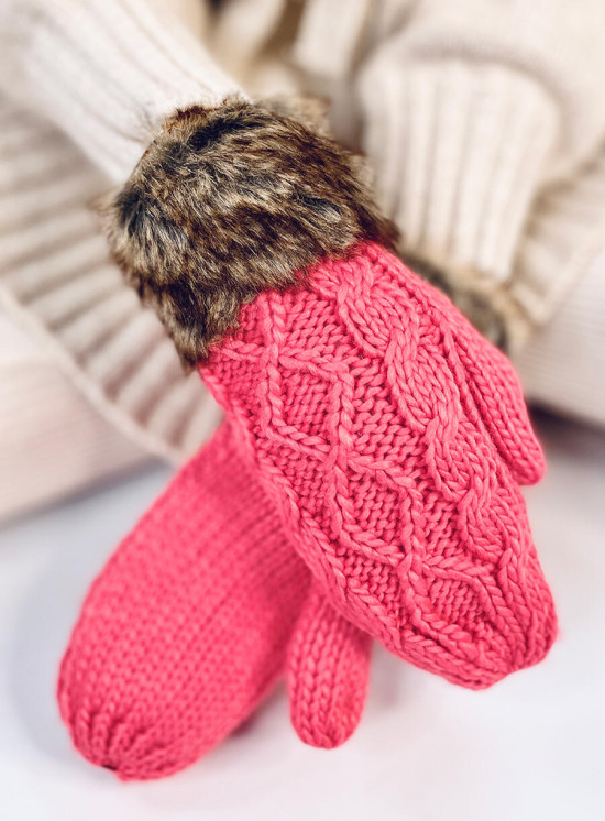Raspberry mittens with knitted pattern