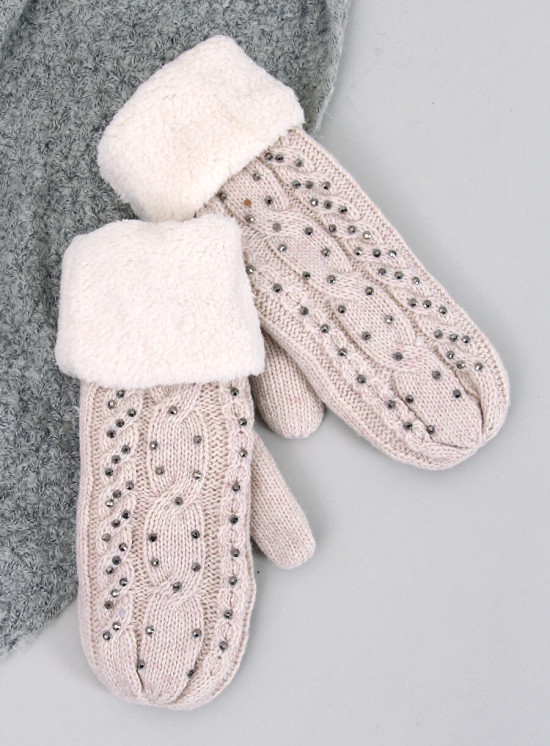 Decorated women's light beige gloves-mittens