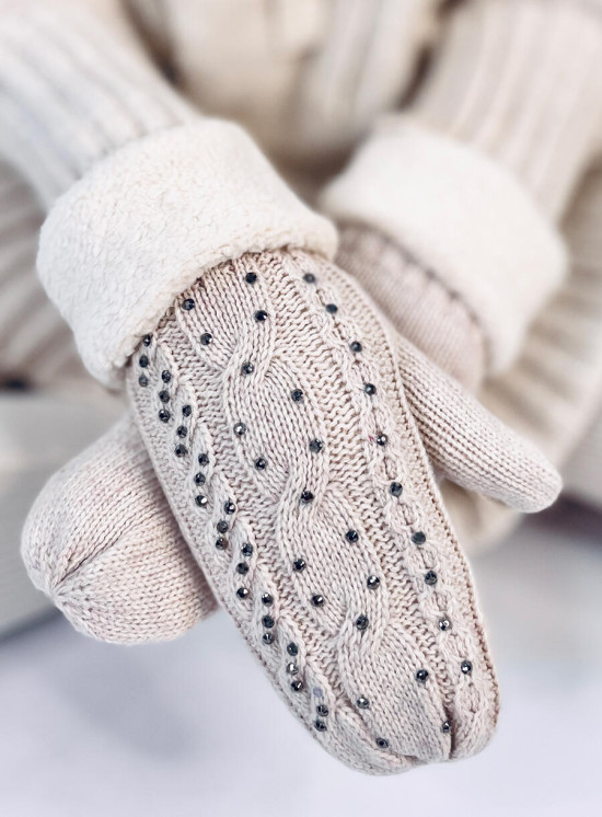 Decorated women's light beige gloves-mittens
