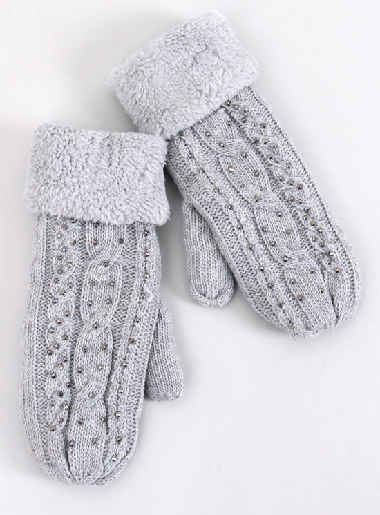 Decorated women's light grey gloves-mittens