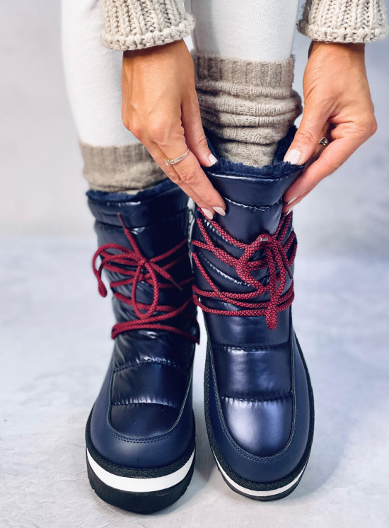 Winter snow boots with lacing dark blue