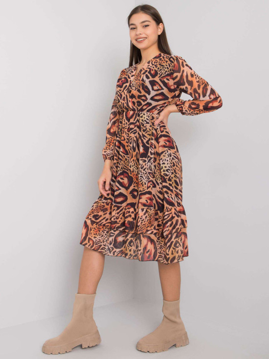 Light Brown Patterned Dress with Ruffle