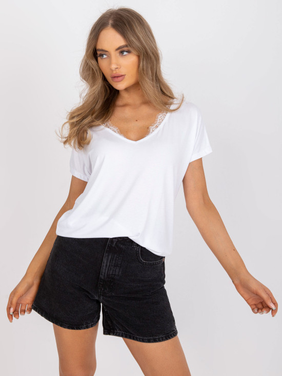 White Women's T-Shirt with V-Neck and Lace
