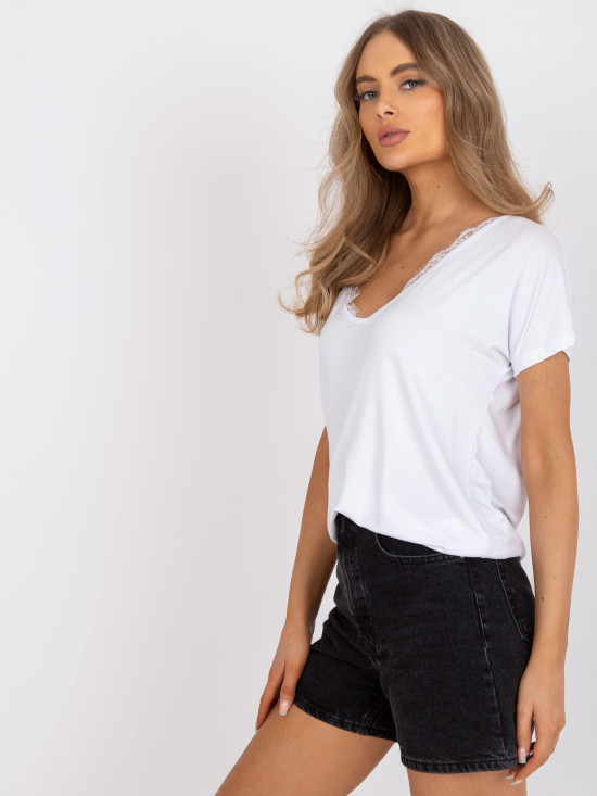White Women's T-Shirt with V-Neck and Lace