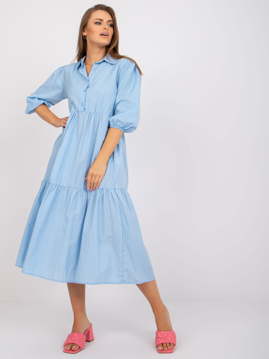Flared Blue Dress with 3/4 Sleeves