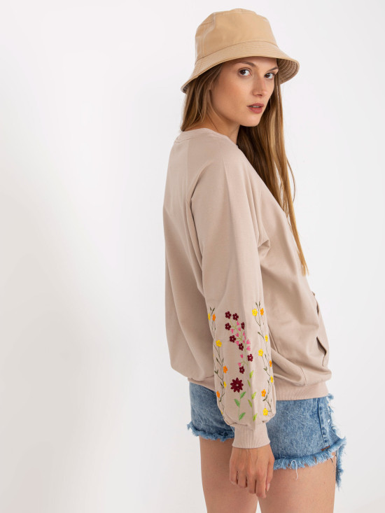 Beige Hoodie Without Hood with Embroidery on Sleeves RUE PARIS