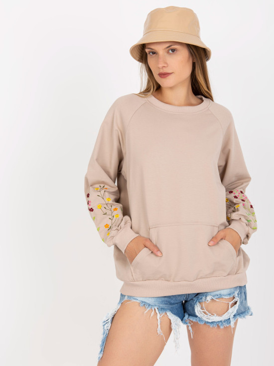 Beige Hoodie Without Hood with Embroidery on Sleeves RUE PARIS