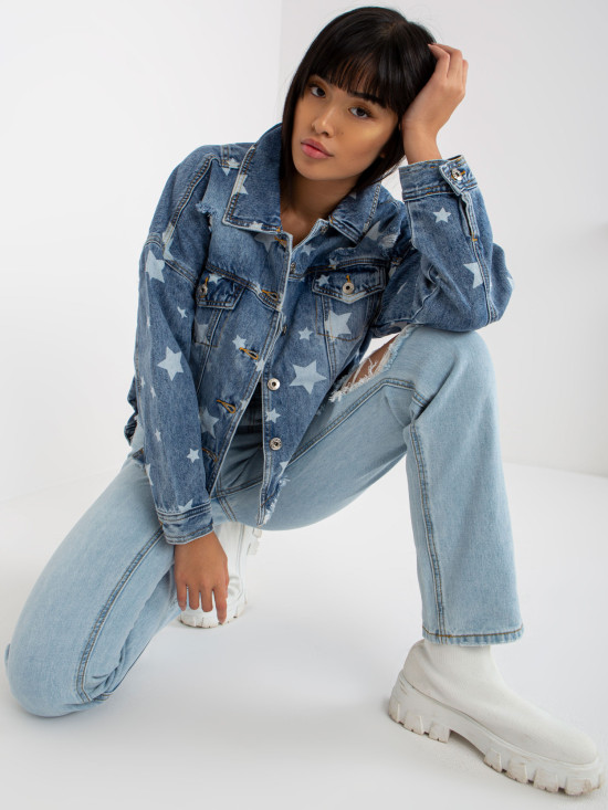 Blue Women's Denim Jacket with Print and Holes