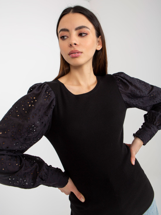 Black Striped Elegant Blouse with Lace Sleeves OCH BELLA