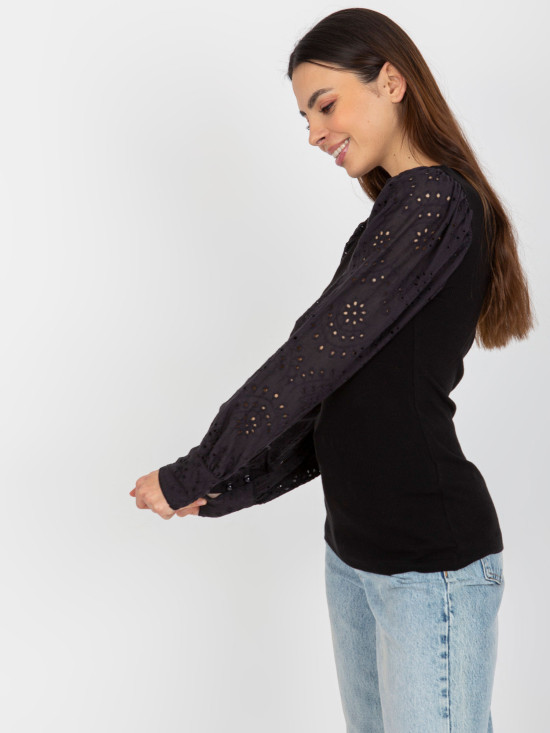 Black Striped Elegant Blouse with Lace Sleeves OCH BELLA