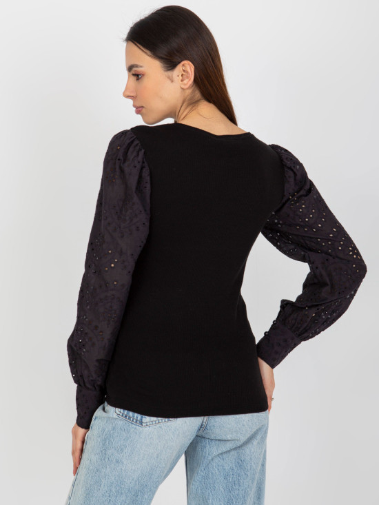 Black Striped Elegant Blouse with Lace Sleeves OCH BELLA
