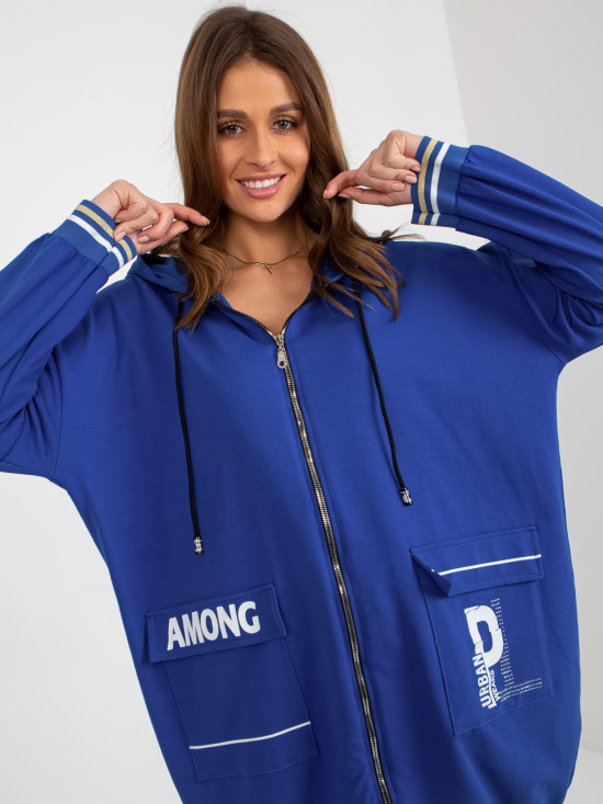 Dark Blue Long Zip-Up Hoodie with Prints and Application