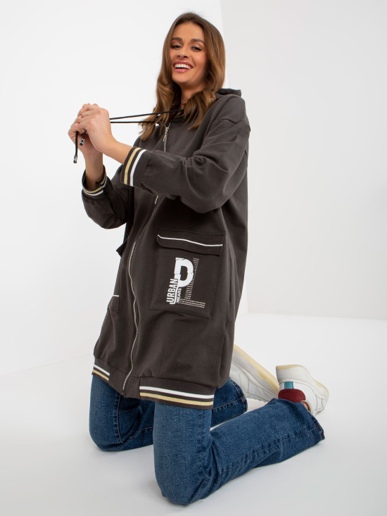 Long Khaki Hoodie with Application and Prints