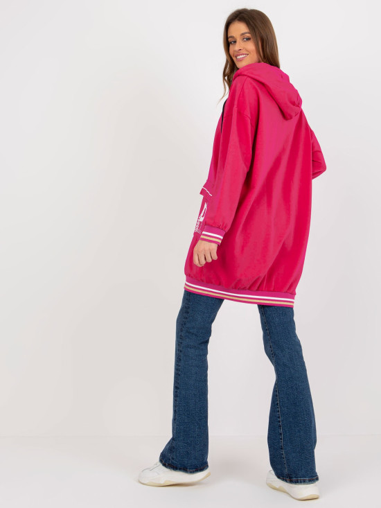 Pink Long Zip-Up Hoodie with Prints and Application