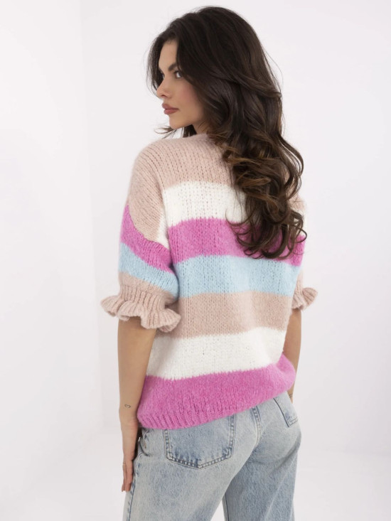 White-Pink Sweater with 3/4 Sleeves
