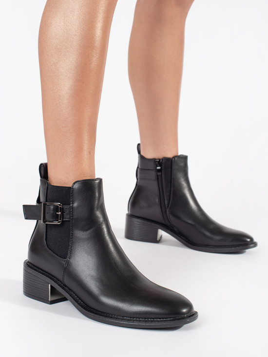 Black Women's Ankle Boots with Buckle and Heel