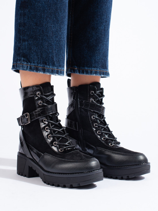Black ankle boots with lacing and zip