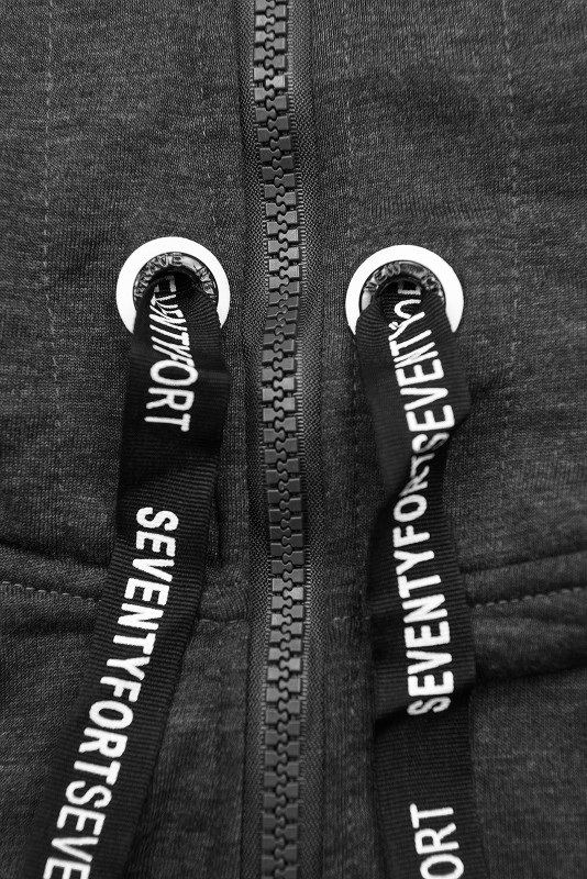 Dark gray sweatshirt with patterned hood lining