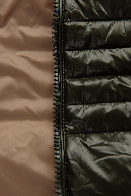 Khaki shiny quilted jacket with a hood