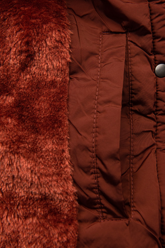 Brick brown winter jacket with plush and faux fur