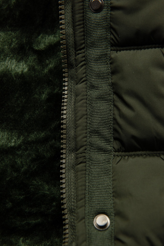 Khaki winter jacket with plush and faux fur