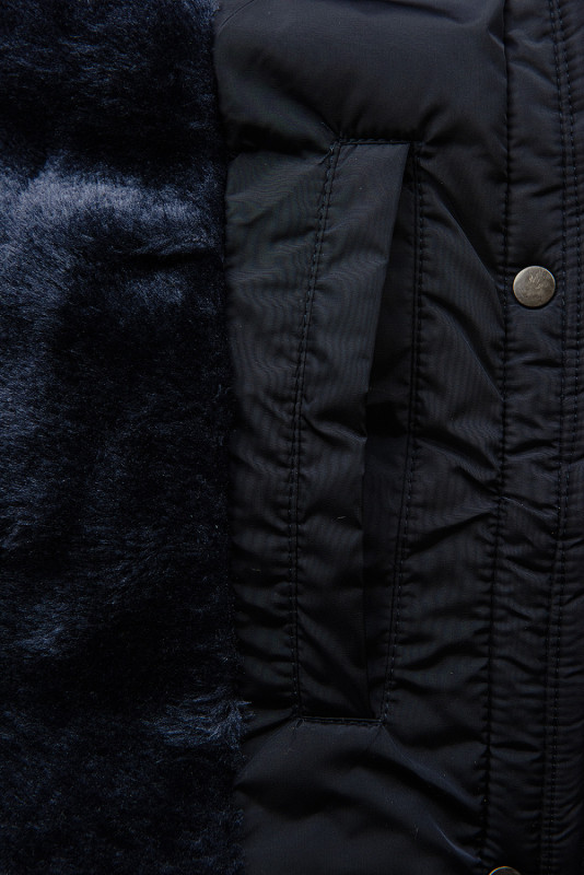 Dark blue winter jacket with plush and faux fur