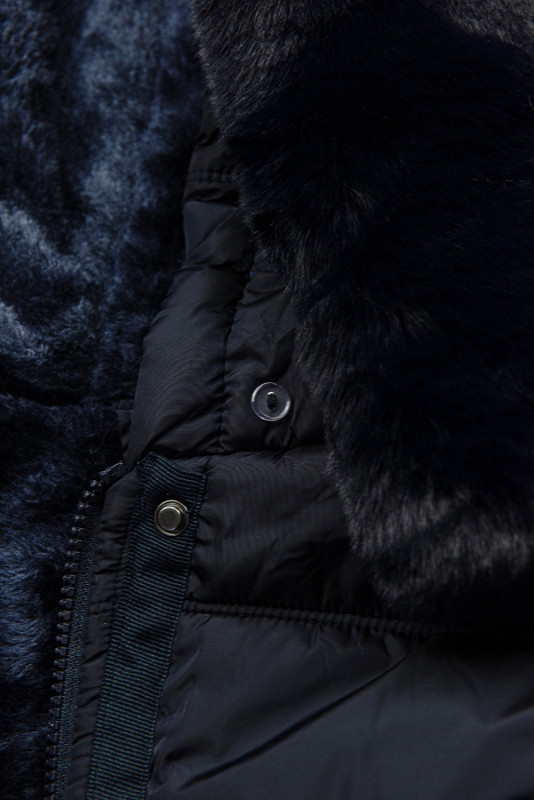 Dark blue winter jacket with plush and faux fur