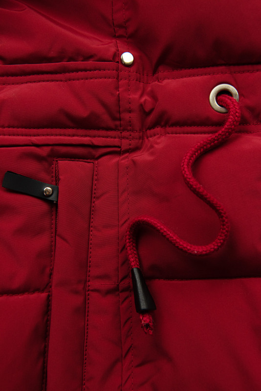 Red winter jacket with drawstring waist