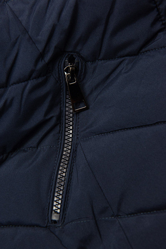Dark blue winter jacket shaped for wider hips