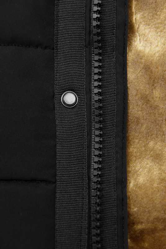 Black quilted winter jacket with the hood