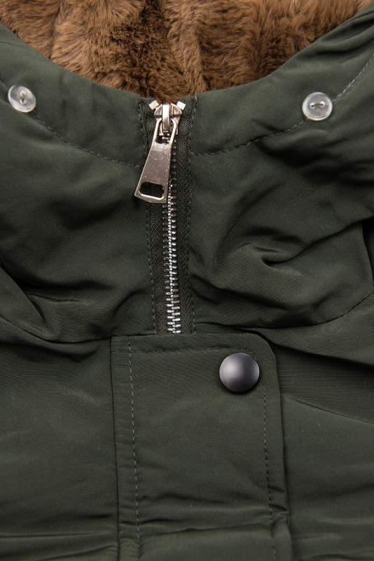 Dark green winter parka jacket with faux fur