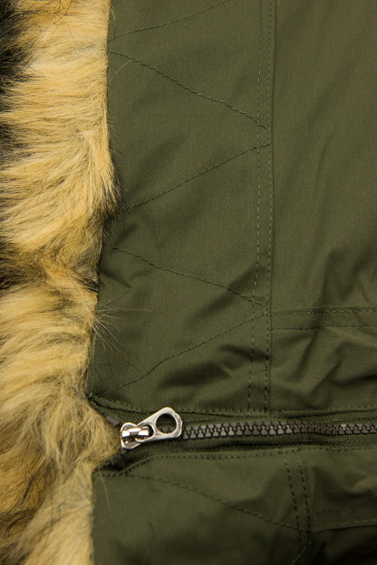 Olive green winter parka with high collar