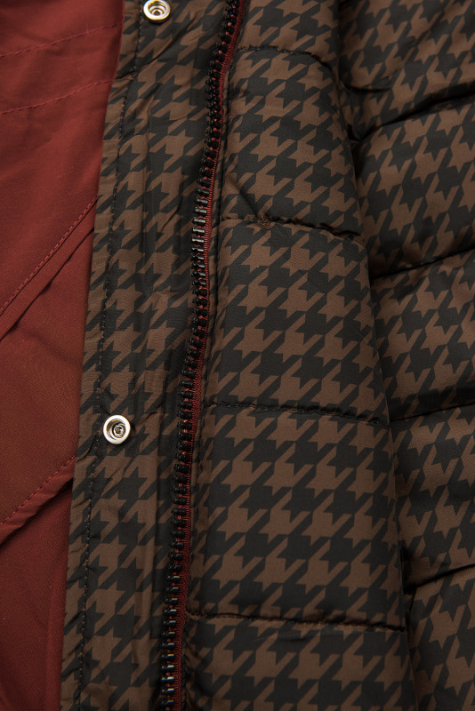 Cinnamon brown reversible winter parka with faux fur trim