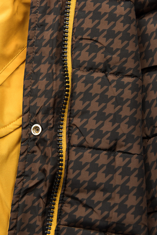 Yellow reversible winter parka with faux fur trim