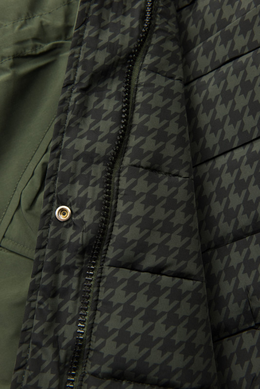 Khaki green reversible winter parka with faux fur trim