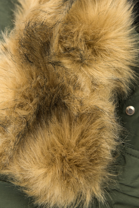Khaki green reversible winter parka with faux fur trim