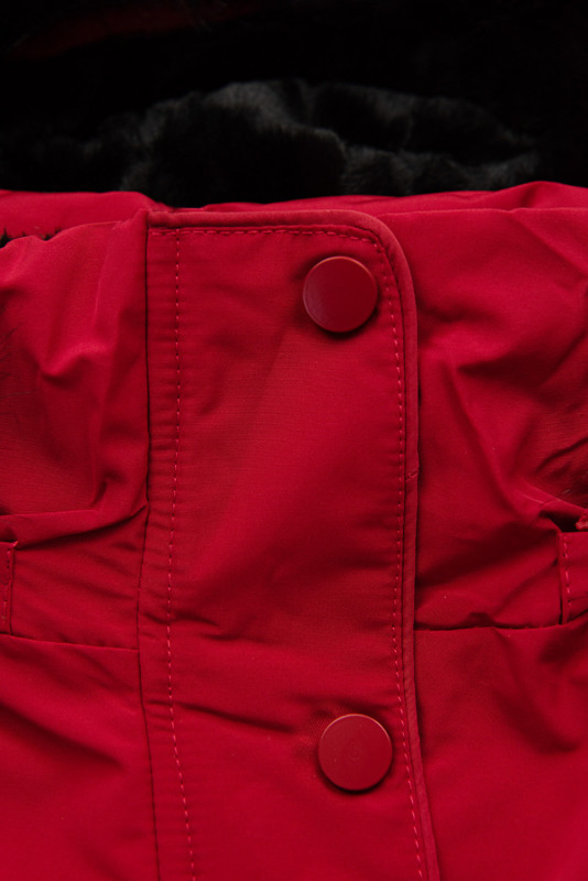 Red parka for winter with black faux fur lining