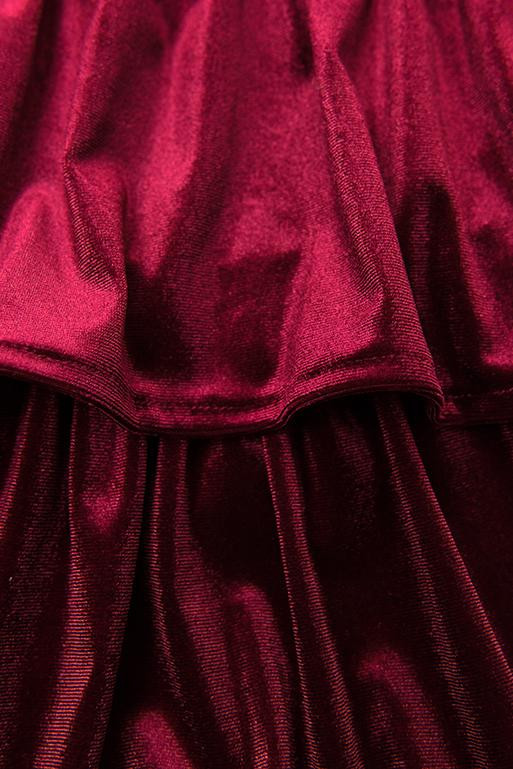 Burgundy velvet dress with ruffles