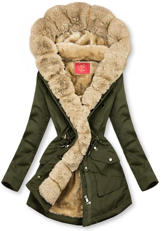 Olive green parka jacket with soft faux fur lining