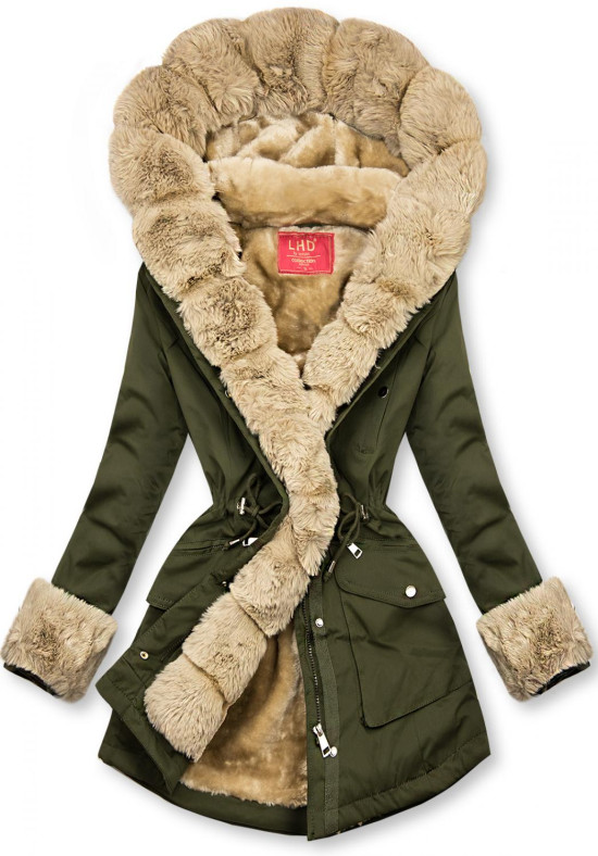 Olive green parka jacket with soft faux fur lining