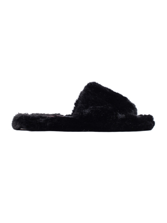 Black faux fur slippers