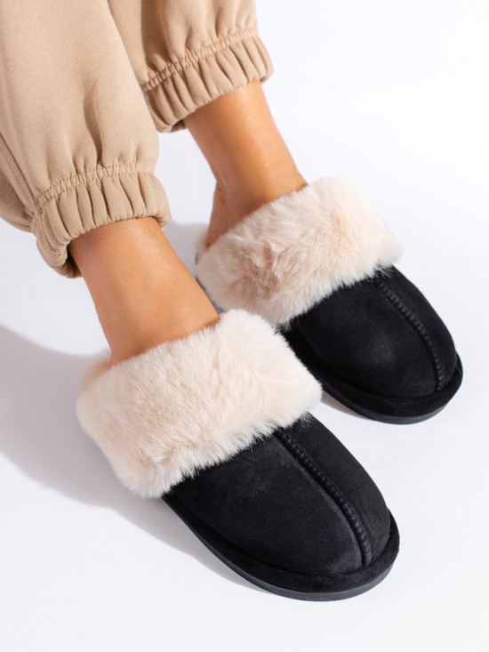 Black women's slippers with faux fur black