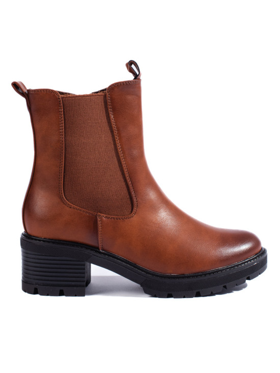Brown chelsea boots with a low heel
